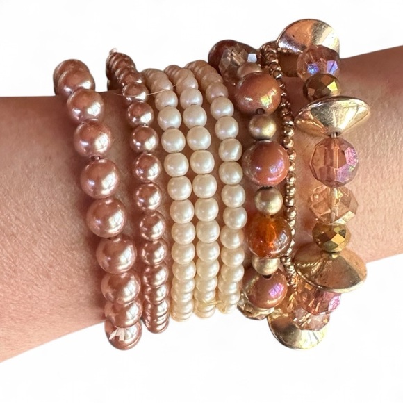 Elegant Pearl, Amber and Gold Crystal Beaded Bracelet Stack Set - Picture 1 of 7
